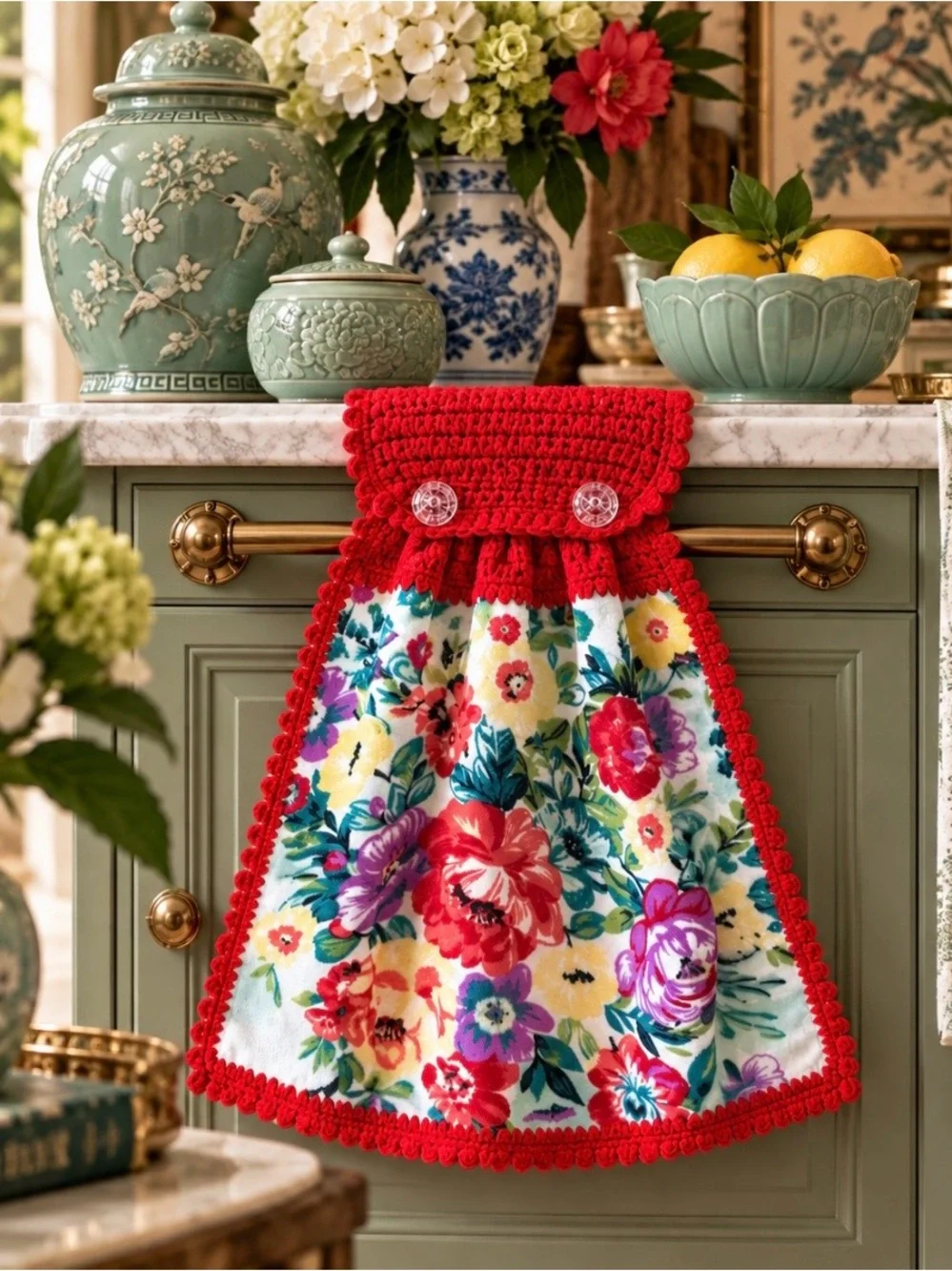 Pioneer Woman Floral Red Crochet Hanging Kitchen Towel